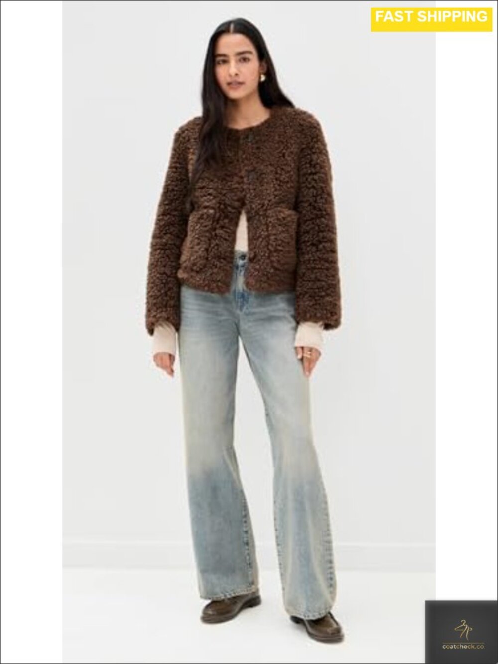 Faux Shearling Casual Jacket Faux Leather Trim Welt Pockets - Picture 2 of 5